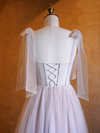 A-line Corset Applique Tulle Bow Straps Long Prom Dress with sweep train by Anne of Brittany