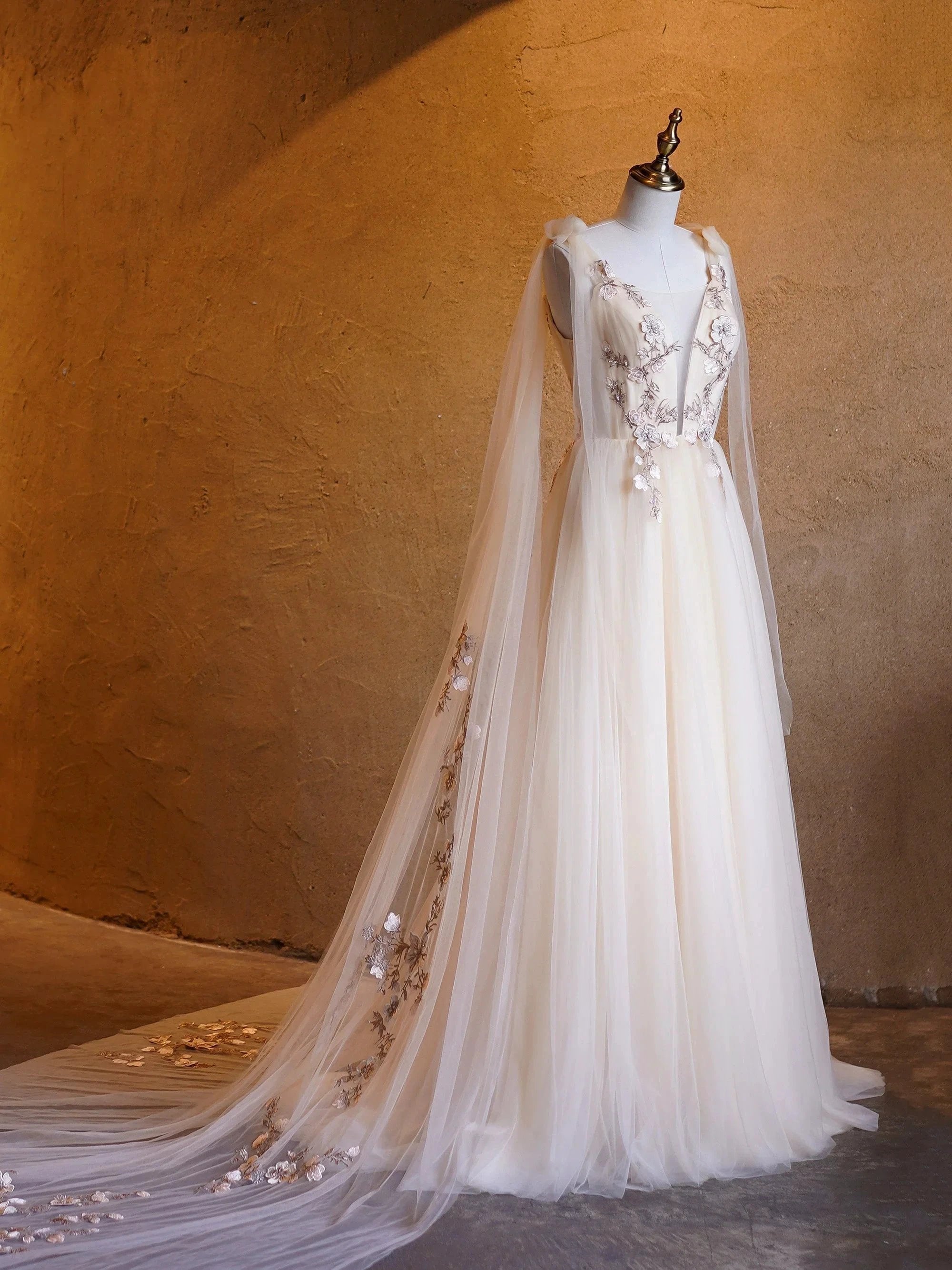 A-line Tulle Embroidery Deep-V Neck Floor-Length Prom Dresses by Anne of Brittany