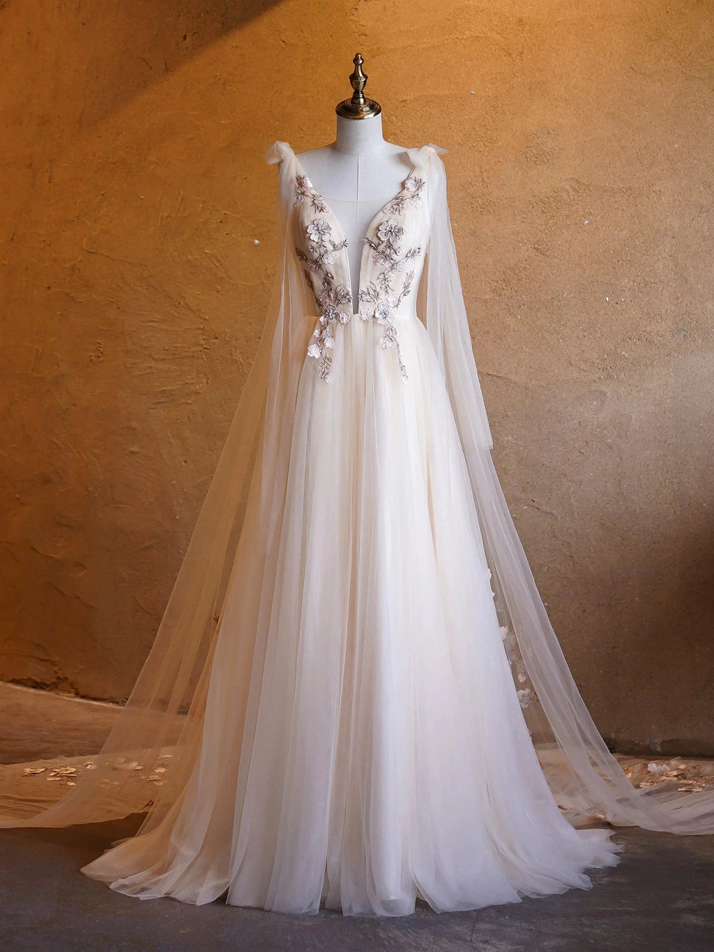 A-line Tulle Embroidery Deep-V Neck Floor-Length Prom Dresses by Anne of Brittany