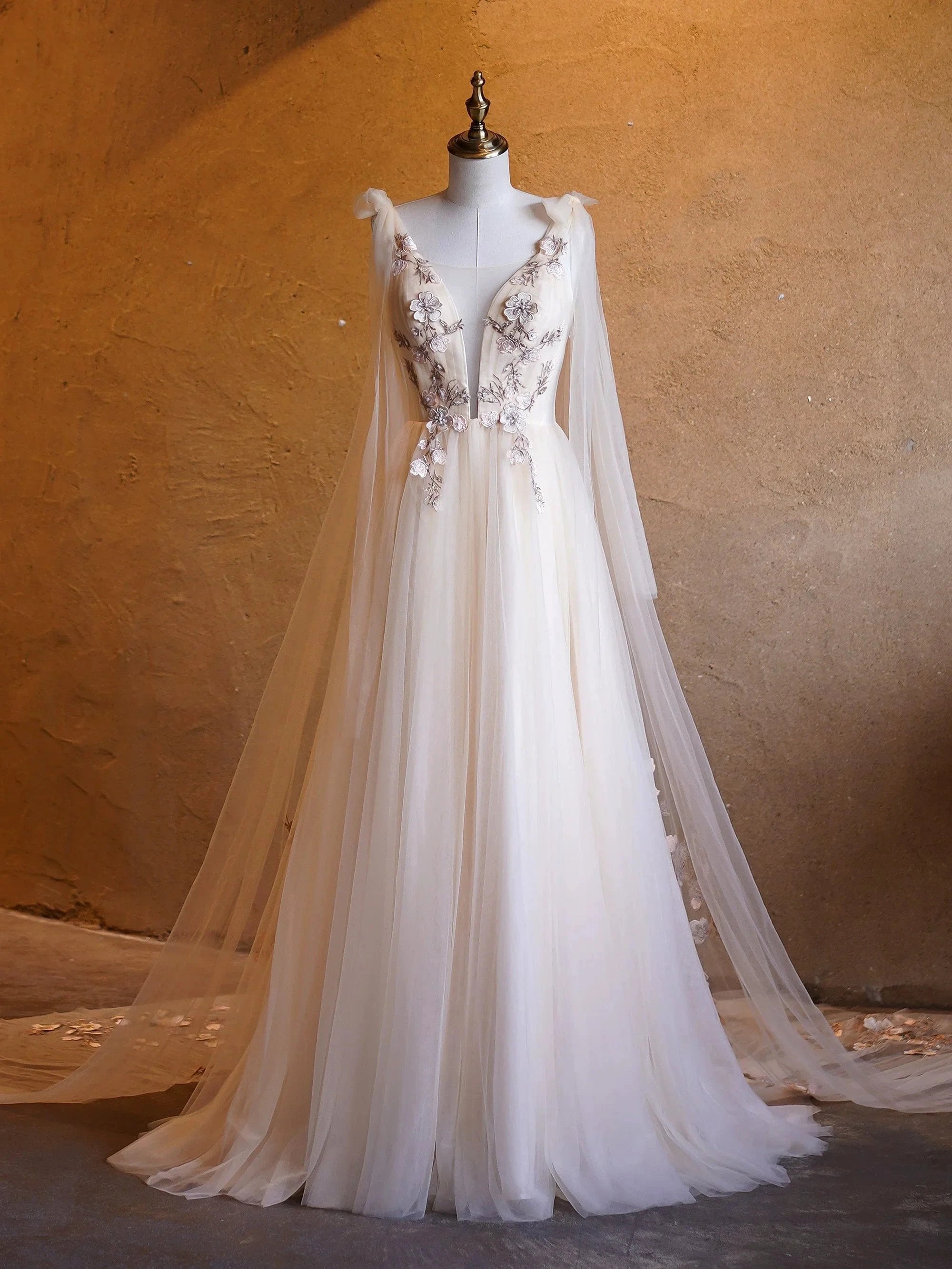 A-line Tulle Embroidery Deep-V Neck Floor-Length Prom Dresses by Anne of Brittany