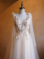A-line Tulle Embroidery Deep-V Neck Floor-Length Prom Dresses by Anne of Brittany