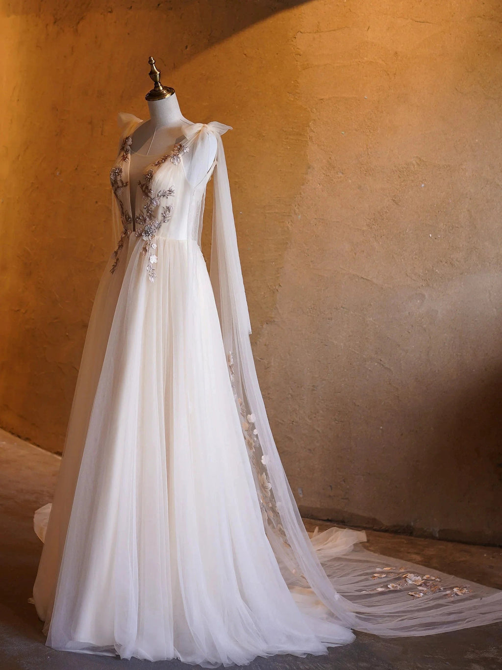 A-line Tulle Embroidery Deep-V Neck Floor-Length Prom Dresses by Anne of Brittany