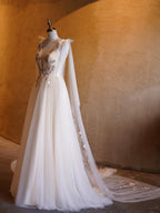 A-line Tulle Embroidery Deep-V Neck Floor-Length Prom Dresses by Anne of Brittany