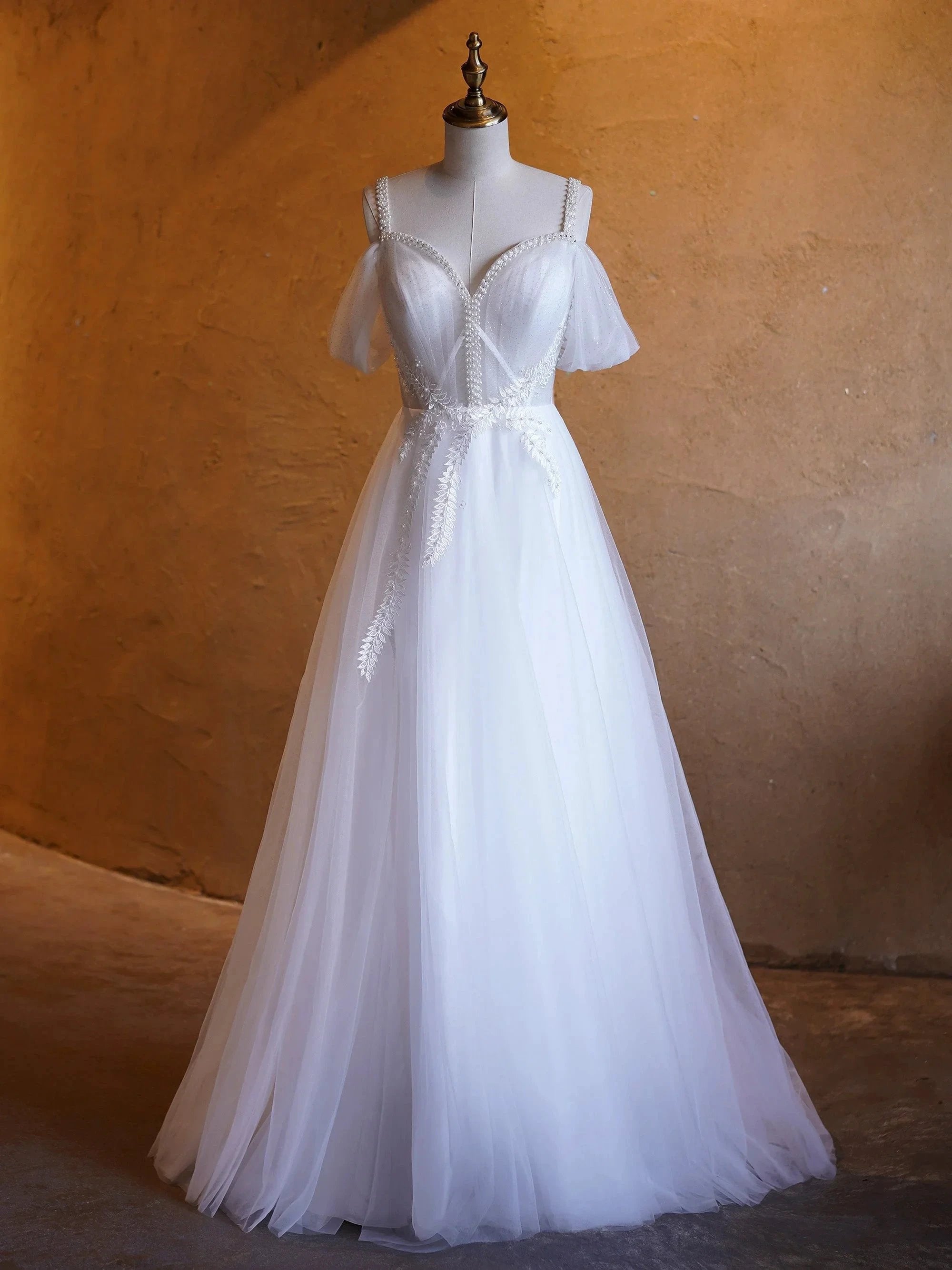 V-neck Pearl Embellished Floor Length Prom Dresses by Anne of Brittany