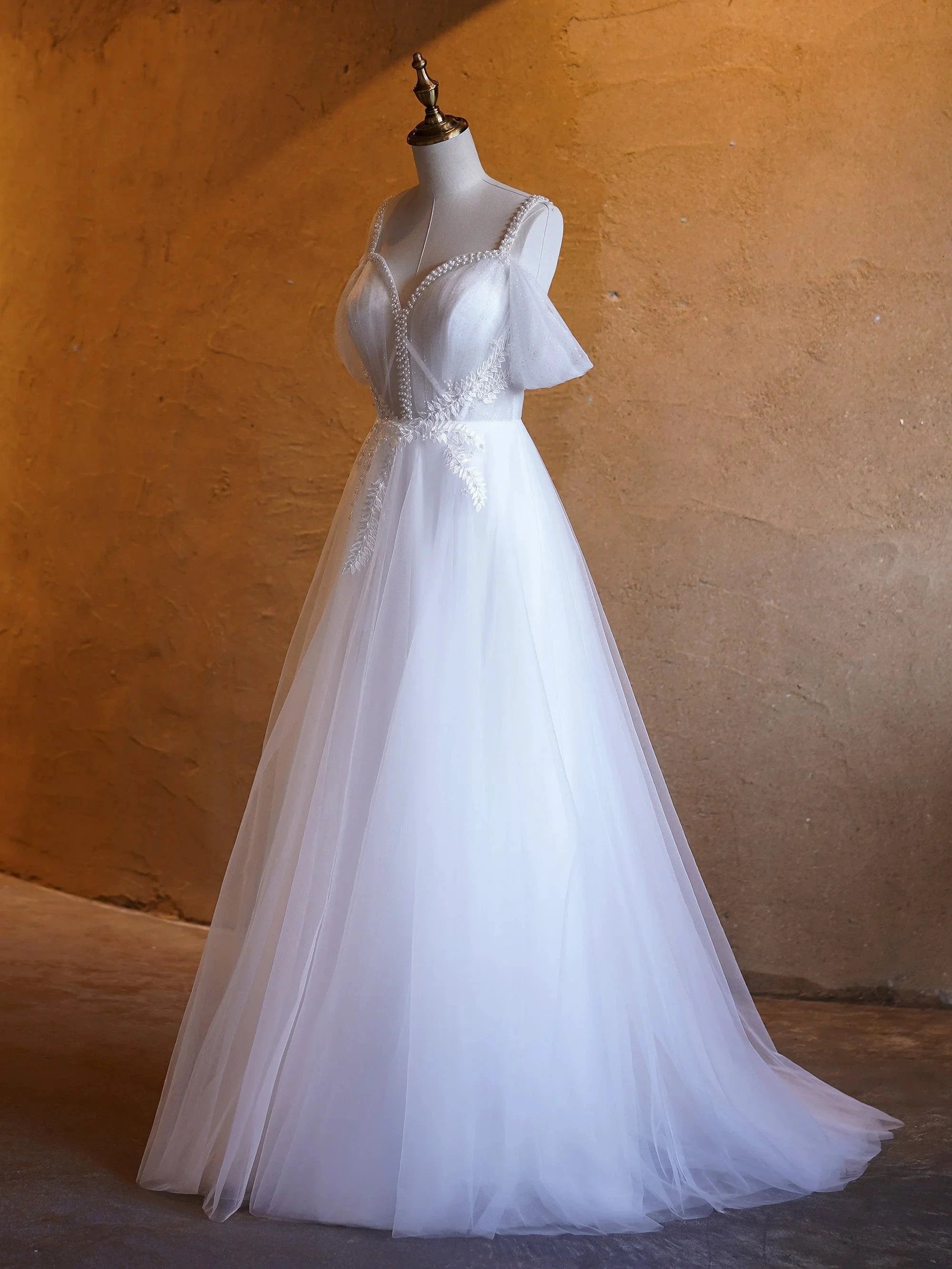 V-neck Pearl Embellished Floor Length Prom Dresses by Anne of Brittany