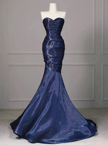 Gorgeous Nevy Blue Mermaid Strapless Pleated Long Prom Dress Evening Dress Y7987