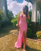 Pink Halter Neckline Sequins Prom Dress Sexy Evening Dress Side Slit Y268 by simplepromdress