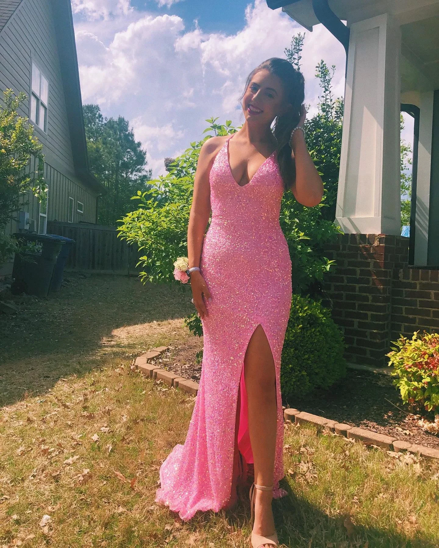 Pink Halter Neckline Sequins Prom Dress Sexy Evening Dress Side Slit Y268 by simplepromdress
