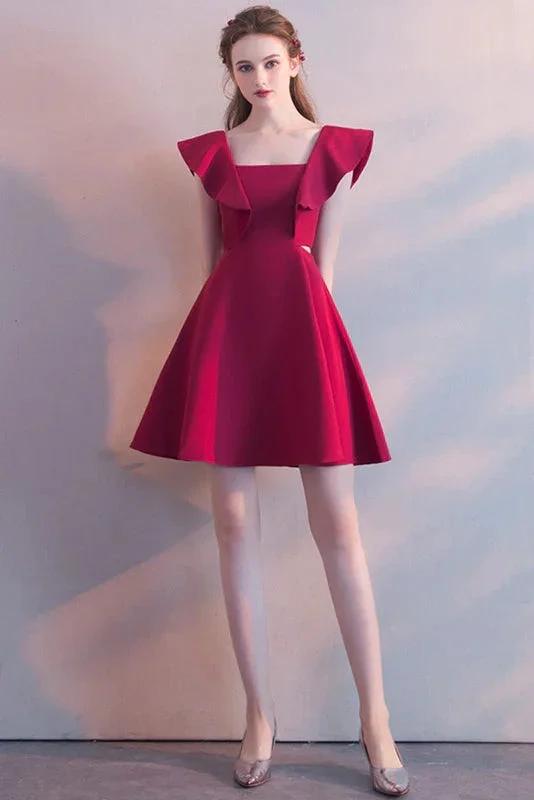Elegant Square Neck Burgundy Sleeveless Short Homecoming Dresses by Ombreprom