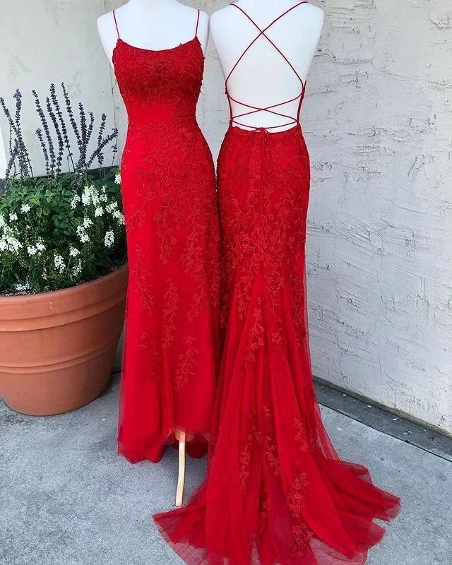 Spaghetti Strap Mermaid Lace Appliques Tulle Prom Dresses Long Criss Cross Backless Formal Evening Dress Y7383 by simplepromdress