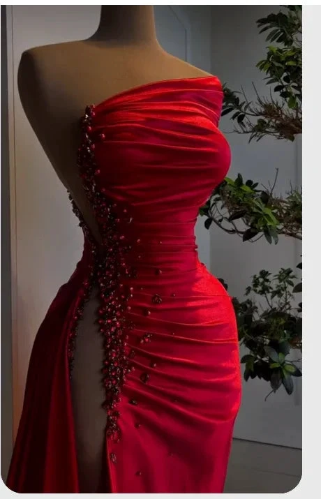 Red Asymmetrical Neckline Satin Pleated High Slit Evening Dress Charming Formal Gown Y379 by simplepromdress