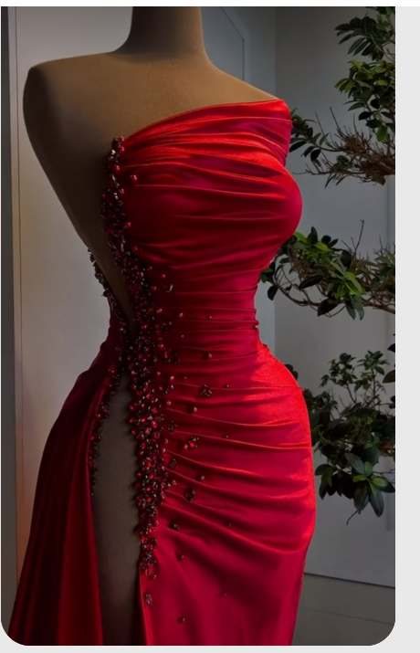 Red Asymmetrical Neckline Satin Pleated High Slit Evening Dress Charming Formal Gown Y379 Hover Image