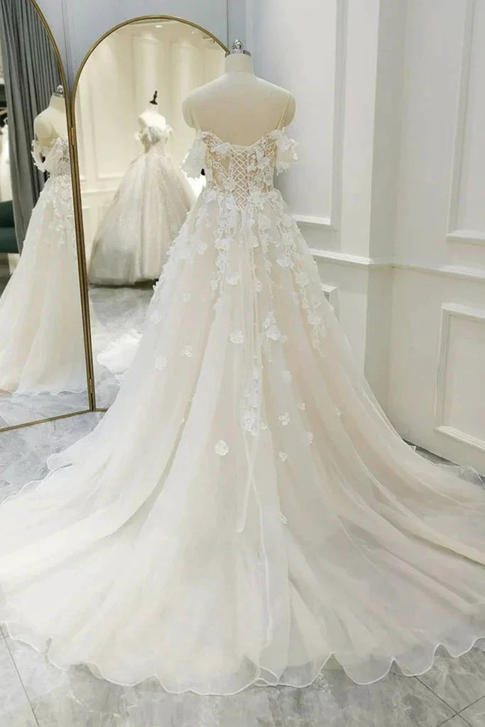 Off Shoulder Light Champagne Tulle Lace Long Wedding Dress Y211 by simplepromdress
