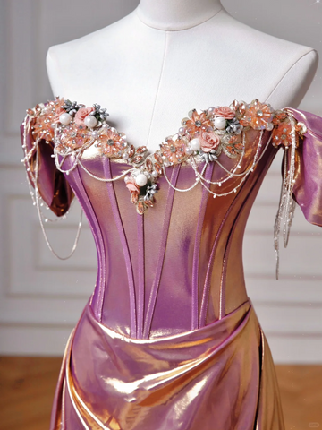 Classy Purple Satin Beaded Mermaid Prom Dress Off The Shoulder Long Evening Dress Y8605
