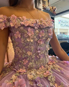 Lavender Applique Off Shoulder Shiny Elegant Tulle Ball Gown 3D Flowers Princess Dress Sweet 15th Y285 by simplepromdress