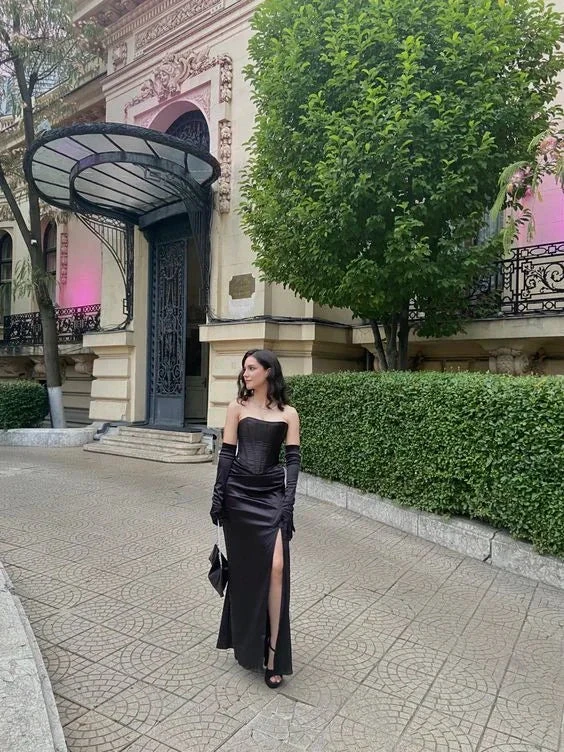 Charming Black Strapless Sheath Prom Dress With Split Black Evening Dress Y6385 by simplepromdress