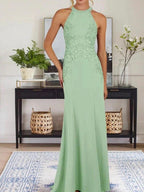 Dusty Blue Sheath Halter Long Mother of Bride Dress With Appliques by Dreamylily