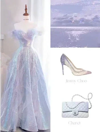 Iridescent off-shoulder ball gown on mannequin with designer shoe and bag, ZAPDRESS style mood board