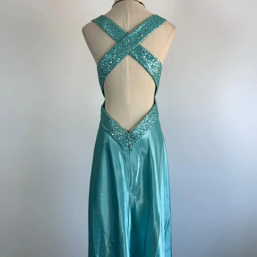 Blue V Neck Satin Sequin Formal Prom Dress Backless Evening Dress Y8548 by simplepromdress