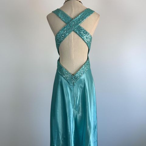 Blue V Neck Satin Sequin Formal Prom Dress Backless Evening Dress Y8548