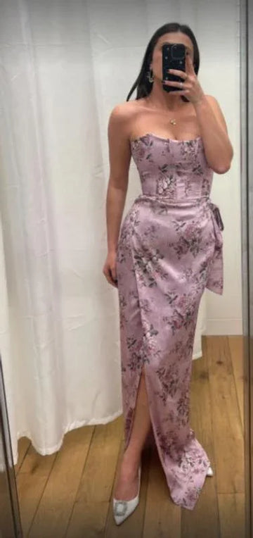 Fuchsia Printed Corset Front-Slit Satin Prom Dress Formal Evening Dress Y8458 by simplepromdress