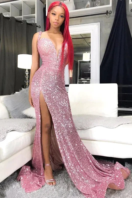 Sequins Pink Prom Dresses | Mermaid Sexy Slit Formal Evening Dress Long Y1921 by simplepromdress