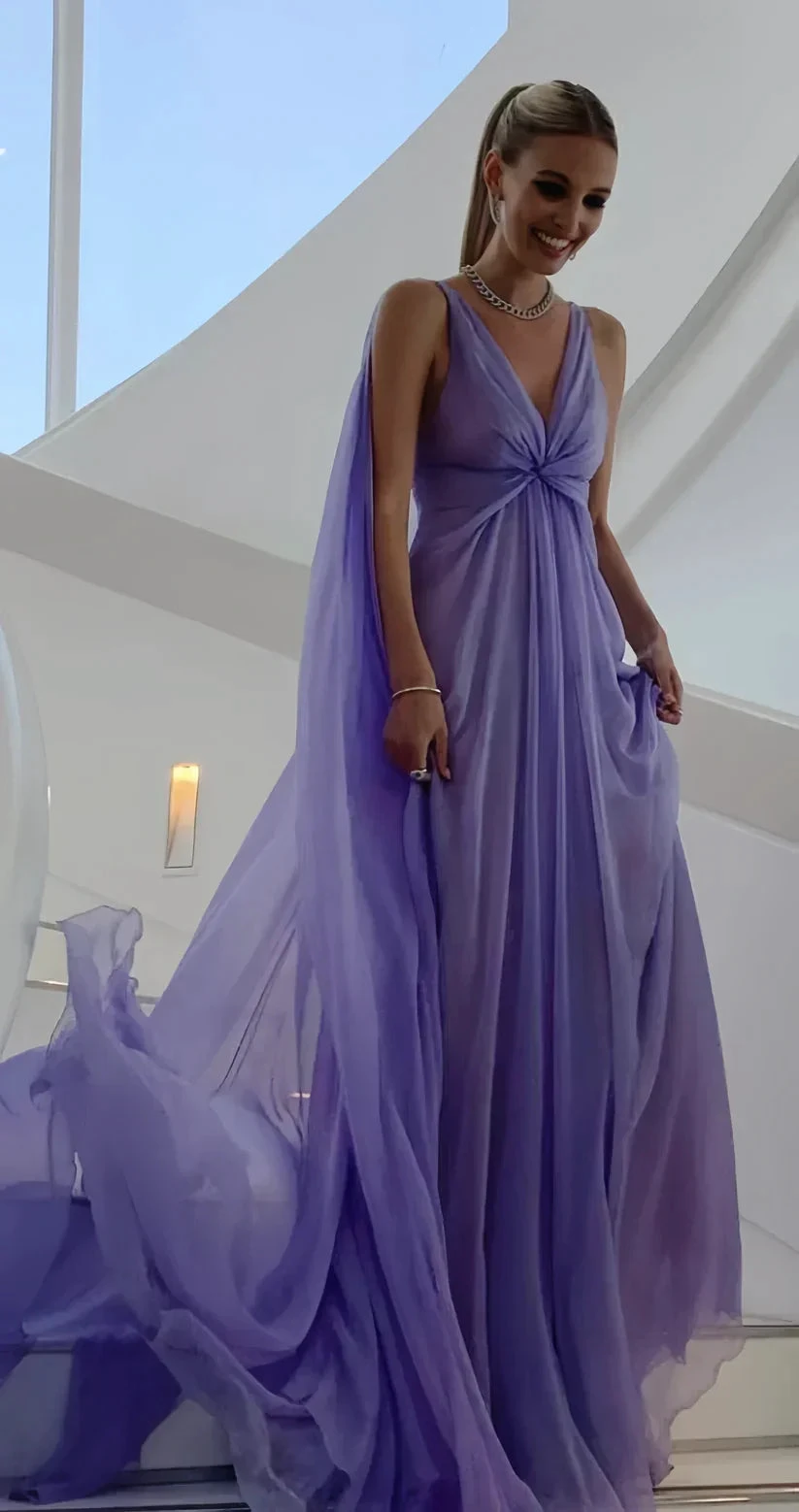 Simple Purple V Neck Tulle Prom Dress Long Evening Gown Y7774 by simplepromdress