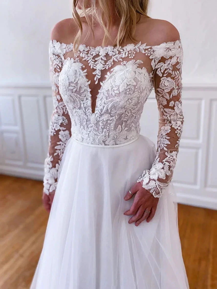 White lace tulle long prom dress, white lace tulle evening dress Y251 by simplepromdress
