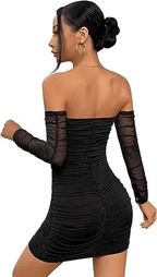 Women's Contrast Mesh Off The Shoulder Ruched Pencil Hem Fitted Homecoming Dress Y2572 by simplepromdress
