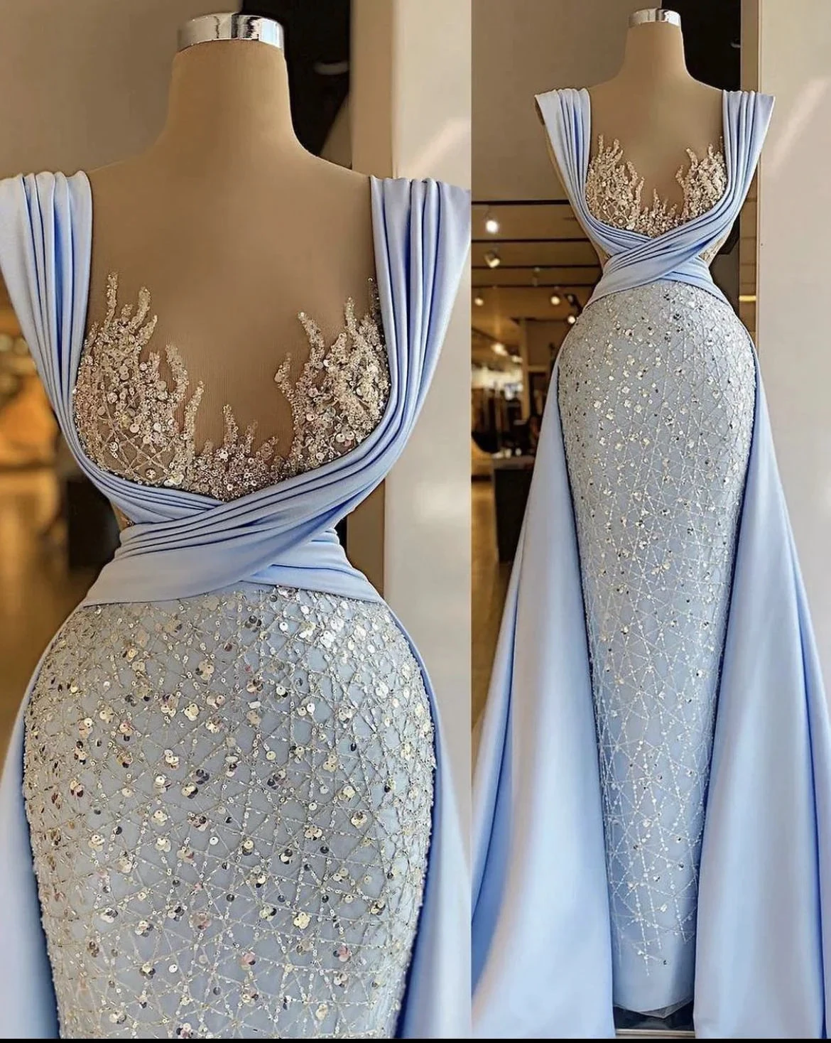 Elegant light blue evening gown with sequin embellishments and sheer beaded bodice on mannequin at ZAPDRESS