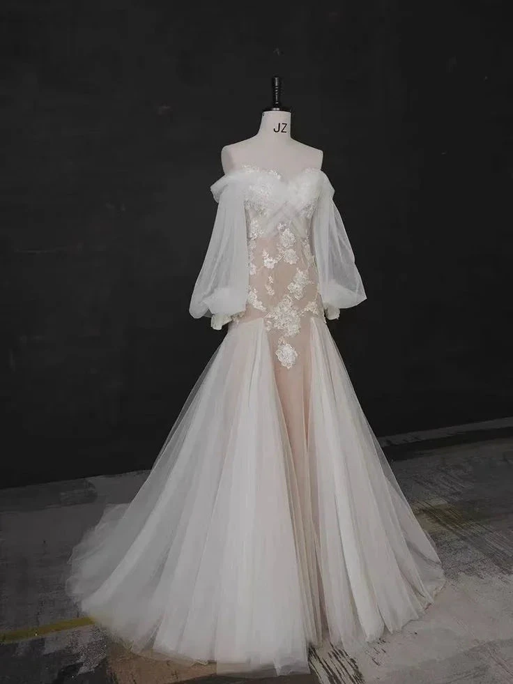 Popular Mermaid Lace Wedding Dresses, Bubble Sleeve Newest Bridal Gowns, Elegant Wedding Dresses Y4484 by simplepromdress