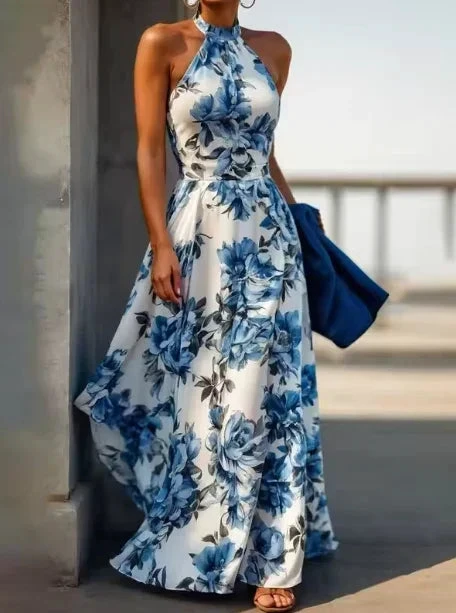 New Arrive Sleeveless Satin Floral Print Halter Neck A Line Evening Dress Blue Prom Dress Y8480 by simplepromdress