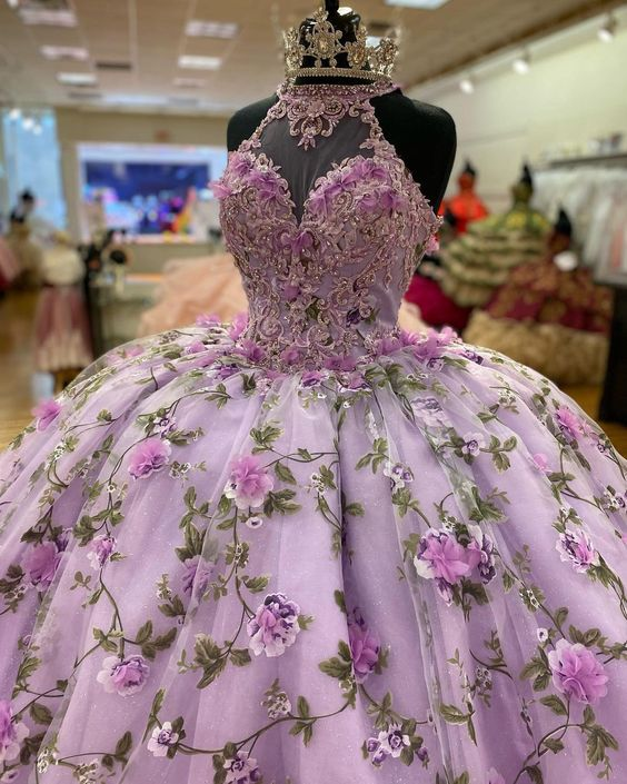 Luxurious Purple A-line Ball Gown With Flowers,Purple Sweet 16 Dress  Y6598 Hover Image
