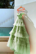 Unique Sage Green Tiered Tulle Ball Gown Dress For Prom Y4500 by simplepromdress