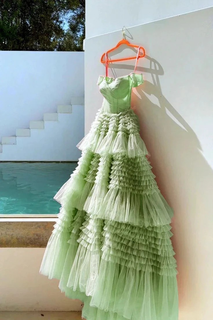 Unique Sage Green Tiered Tulle Ball Gown Dress For Prom Y4500 by simplepromdress