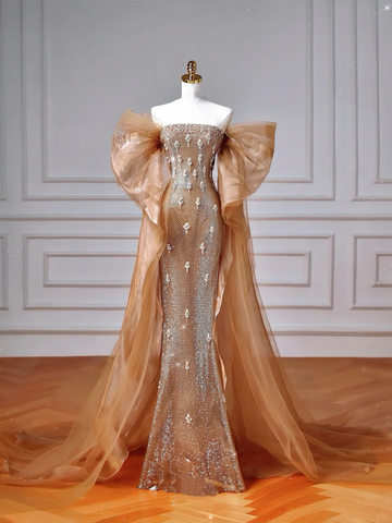 Luxury Off The Shoulder Tulle Beaded Prom Dress Long Mermaid Evening Dress Y8610