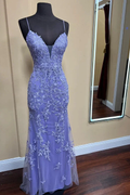 Lavender floral embroidered evening gown on mannequin in boutique, ZAPDRESS fashion store