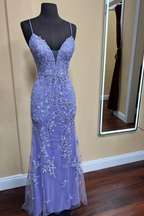 Lavender floral embroidered evening gown on mannequin in boutique, ZAPDRESS fashion store