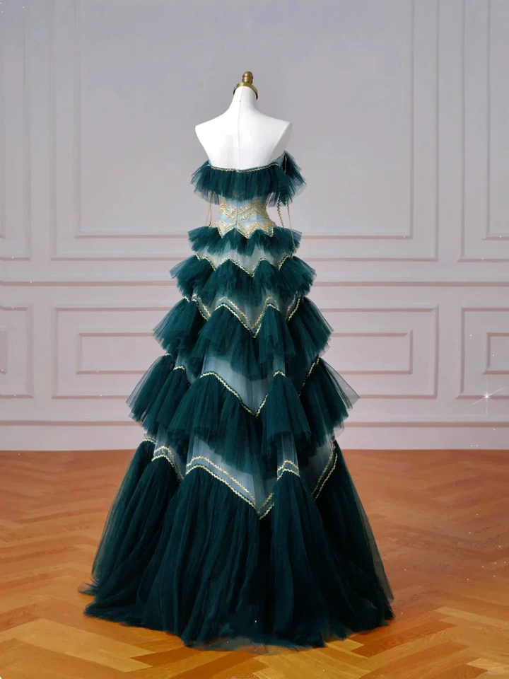 Vintage Dark Green Tulle Sequins Layered A Line Prom Dress Strapless Evening Dress Y8606 by simplepromdress