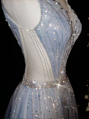 Glamorous V Neck Tulle Beaded Feathers A Line Prom Dress Evening Dress Y8682 by simplepromdress