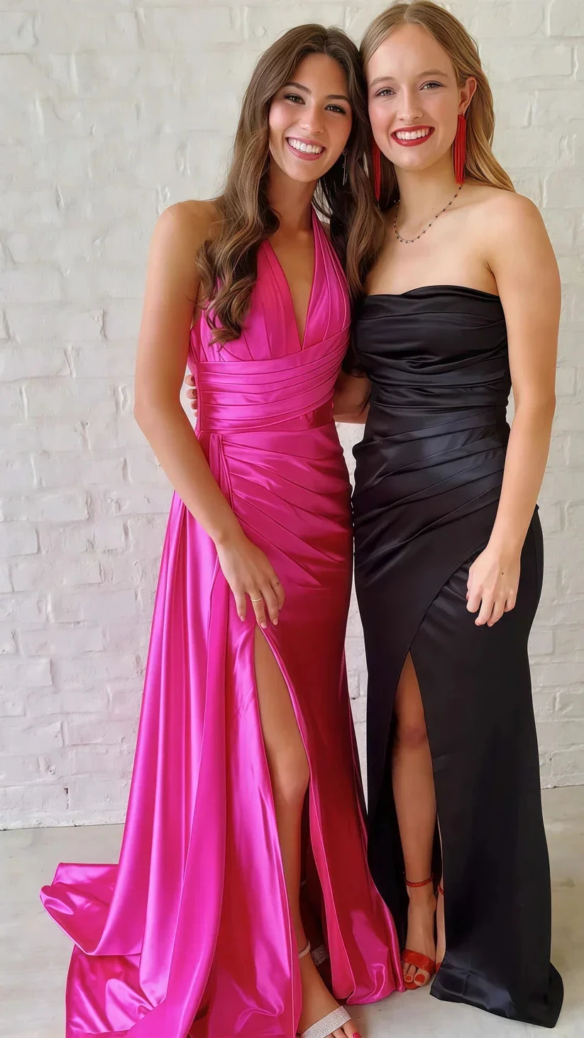 Green Halter V-Neck Ruched Bodycon Prom Dress,Long Slit Evening Gown Y8022 by simplepromdress