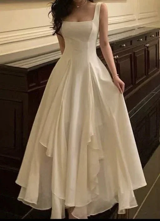 Square Neck White Asymmetric A-Line Long Evening Dress Y2786 by simplepromdress