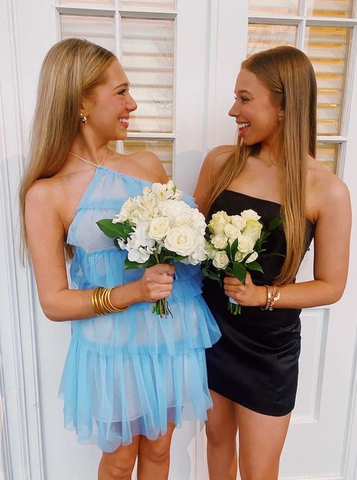 Cute Blue Tulle Short Homecoming Dress Black Dress Y2016