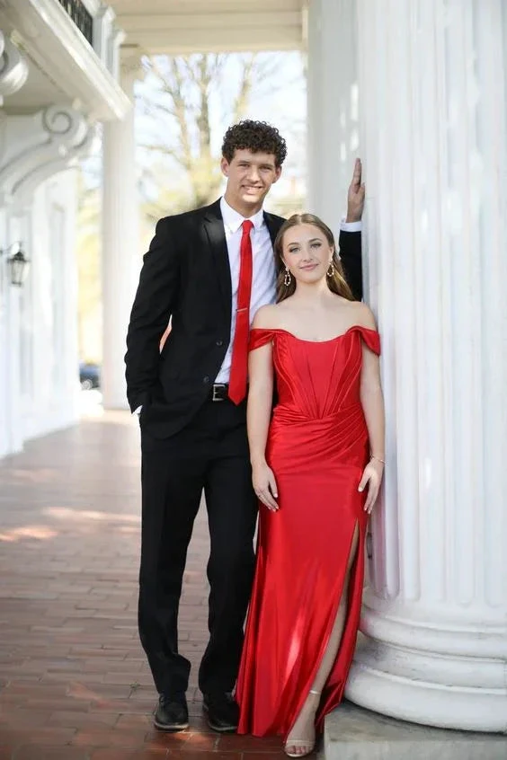 Red Off The Shoulder Prom Dress With Split Red Evening Gown Y6568 by simplepromdress