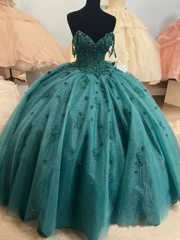 Vestido de quinceañera con cuentas y tirantes finos, color verde esmeralda, para dulces 16, Y1621