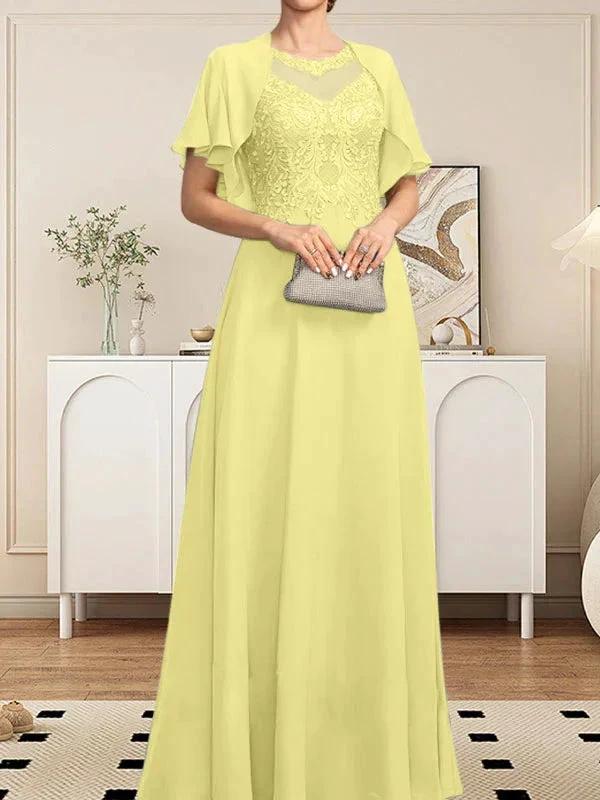 A-line Scoop Illusion Floor-Length Lace Chiffon Mother of the Bride Dress With Sequins by Dreamylily