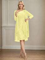 Sheath/Column Scoop Illusion Knee-Length Lace Chiffon Mother of the Bride Dress With Cascading Ruffles Sequins by Dreamylily