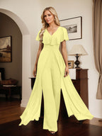 Jumpsuit/Pantsuit V-Neck Floor-Length Chiffon Evening Dress