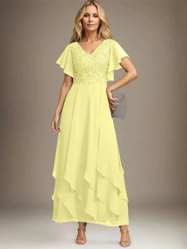 A-line V-Neck Ankle-Length Lace Chiffon Mother of the Bride Dress With Cascading Ruffles by Dreamylily