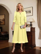 A-line Scoop Tea-Length Lace Chiffon Mother of the Bride Dress With Sequins by Dreamylily
